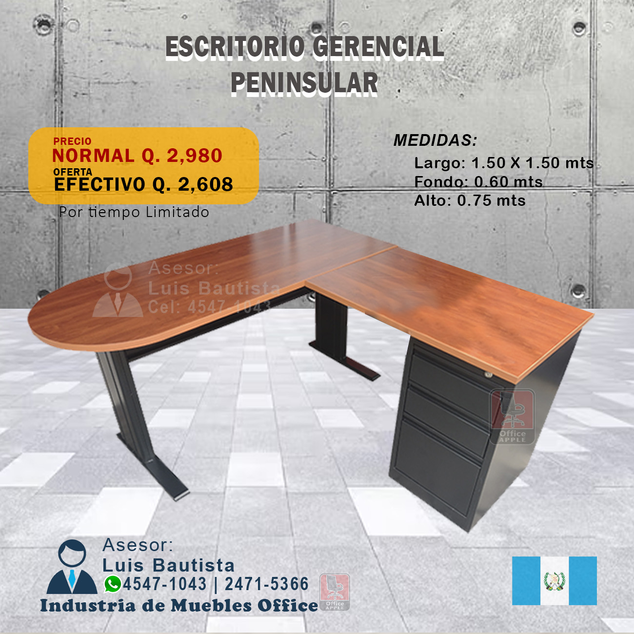 ESCRITORIO GERENCIAL PENINSULAR DE 3 GAVETAS