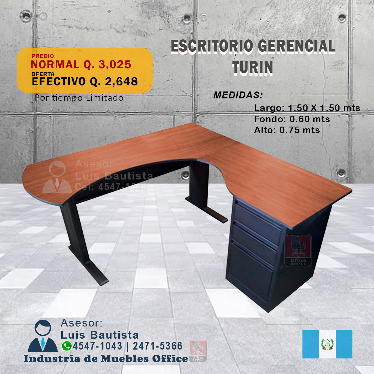 ESCRITORIO GERENCIAL MODULAR TURIN DE 3 GAVETAS.