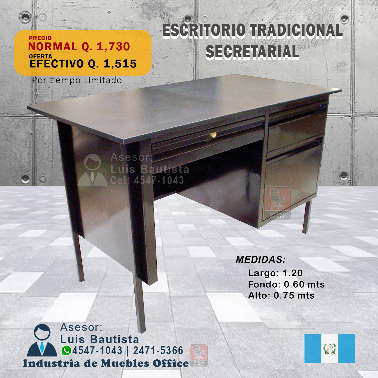 ESCRITORIO SECRETARIAL TRADICIONAL DE 3 GAVETAS