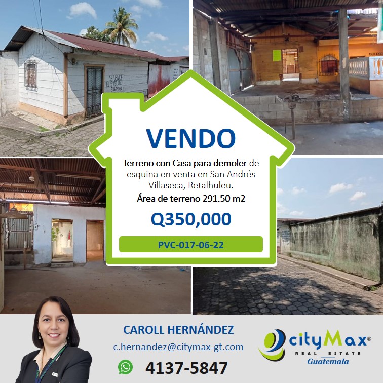 Terreno en Venta de esquina, con casa para demoler en San Andrés Villaseca, Retalhuleu.