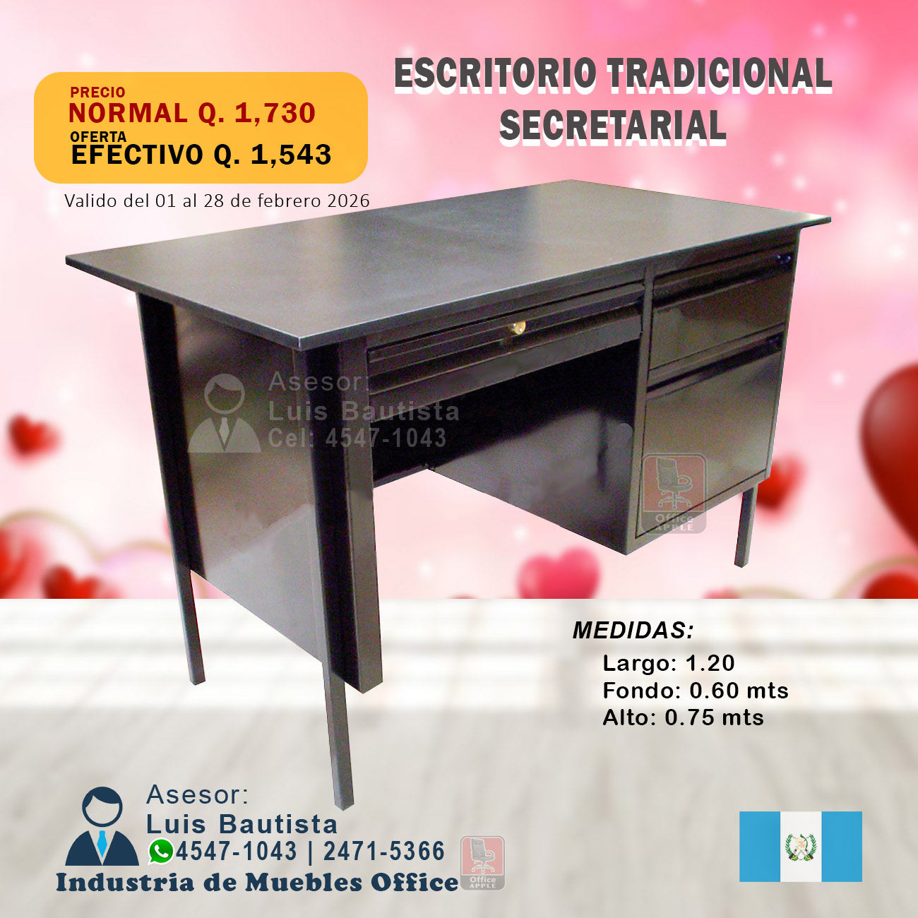 ESCRITORIO SECRETARIAL TRADICIONAL DE 3 GAVETAS