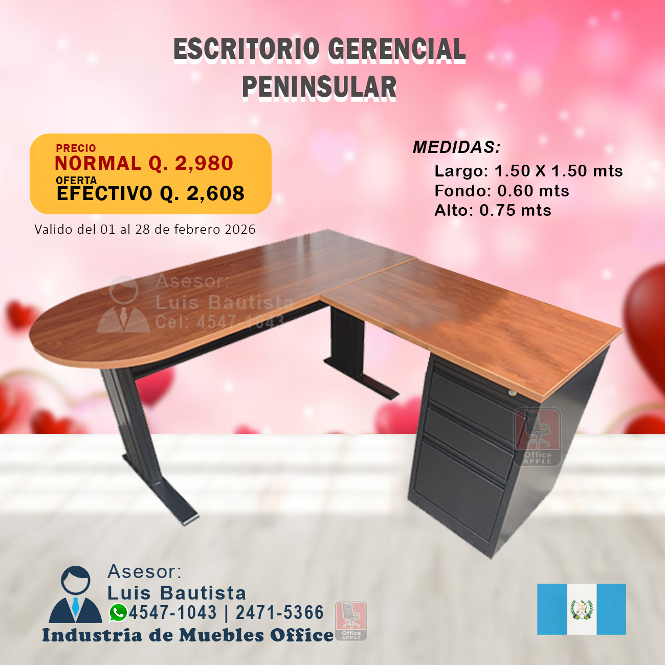 ESCRITORIO GERENCIAL PENINSULAR DE 3 GAVETAS