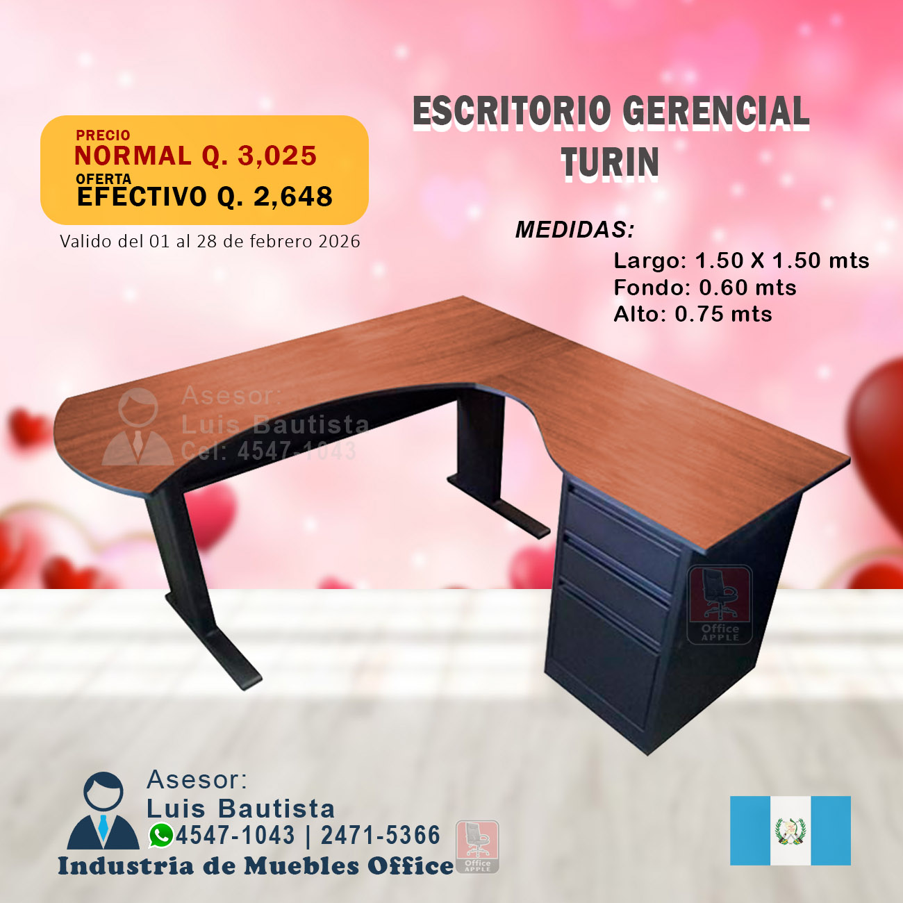 ESCRITORIO GERENCIAL MODULAR TURIN DE 3 GAVETAS.