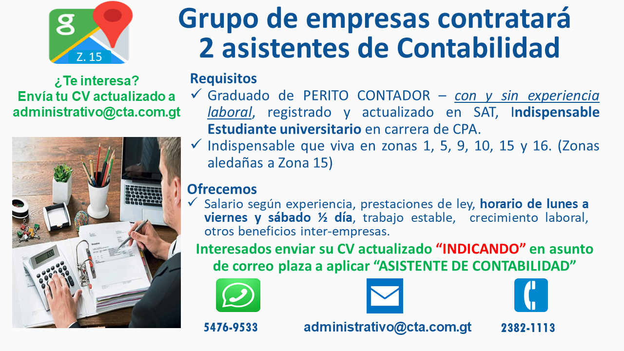 AUXILIAR CONTABLE PARA EMPRESA UBICADA EN ZONA 15