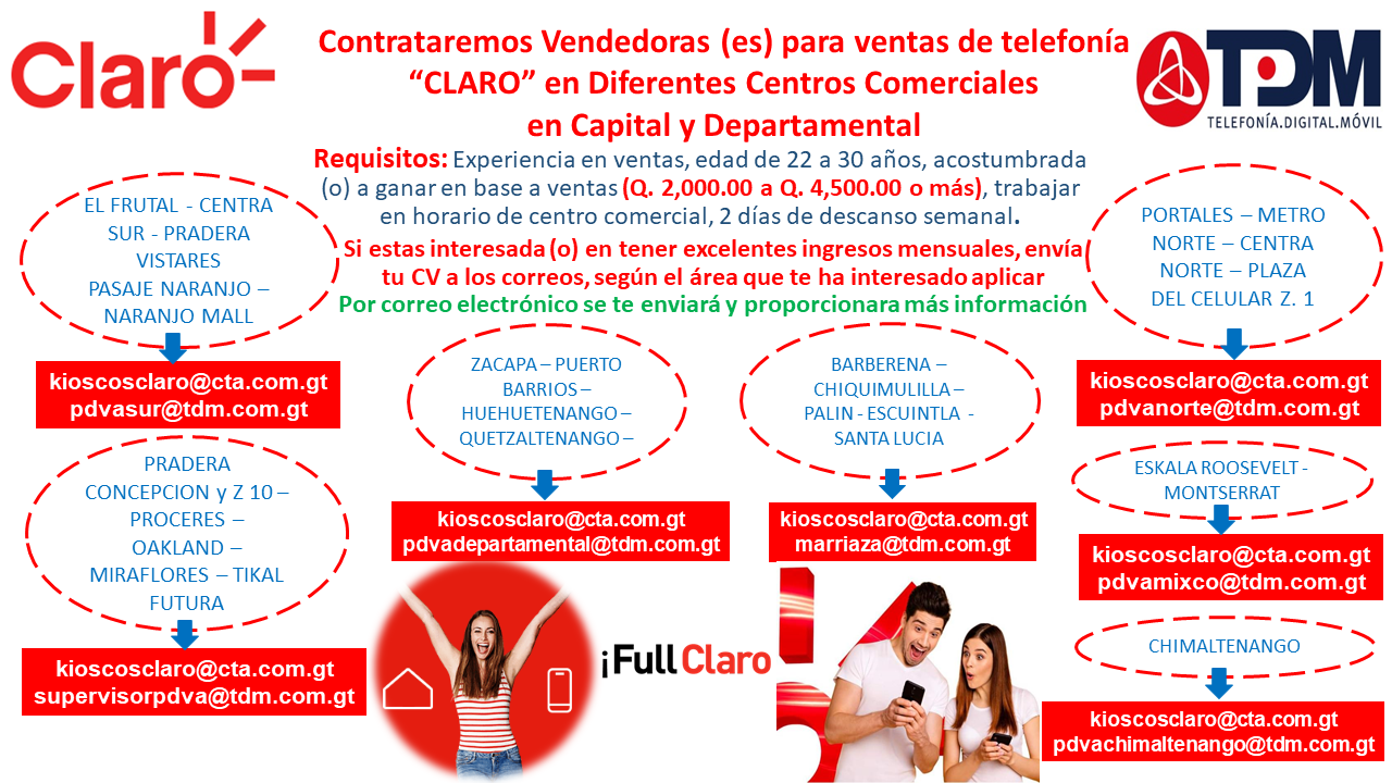 VENDEDORAS DE TELEFONIA CLARO PARA KIOSCOS EN CENTROS COMERCIALES